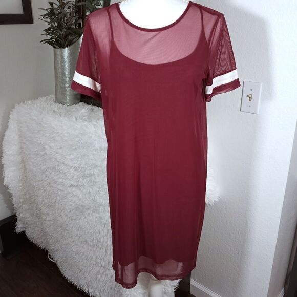 FOREVER 21 BURGUNDY DRESS W/SHEER OVERLAY SZ.M GUC - Picture 2 of 6
